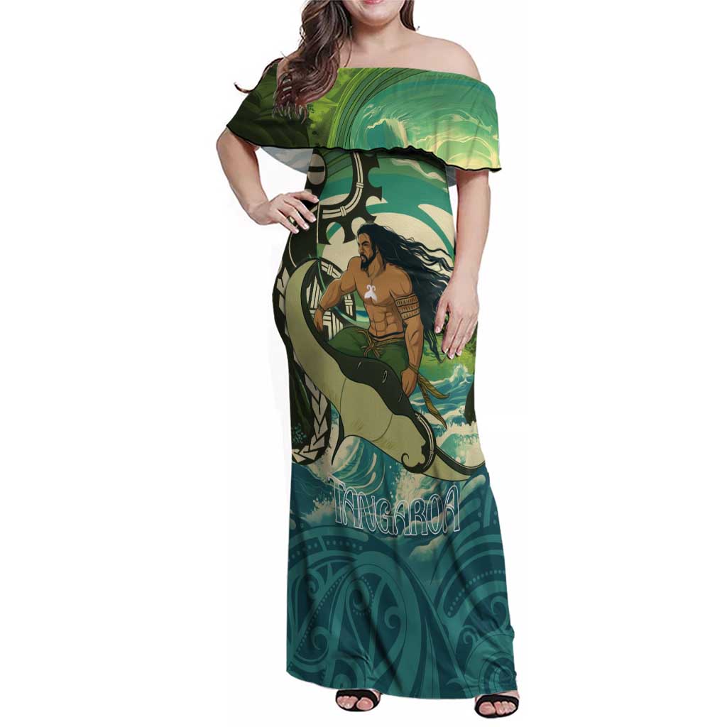 Aotearoa Tangaroa Atua Family Matching Off Shoulder Maxi Dress and Hawaiian Shirt New Zealand God Of The Ocean LT14 Mom's Dress Cyan - Polynesian Pride