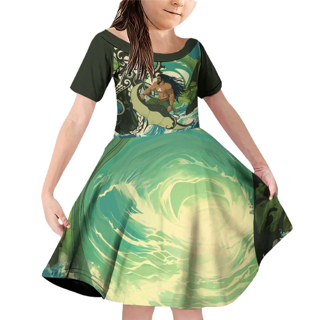 Aotearoa Tangaroa Atua Family Matching Off Shoulder Short Dress and Hawaiian Shirt New Zealand God Of The Ocean LT14 Daughter's Dress Cyan - Polynesian Pride