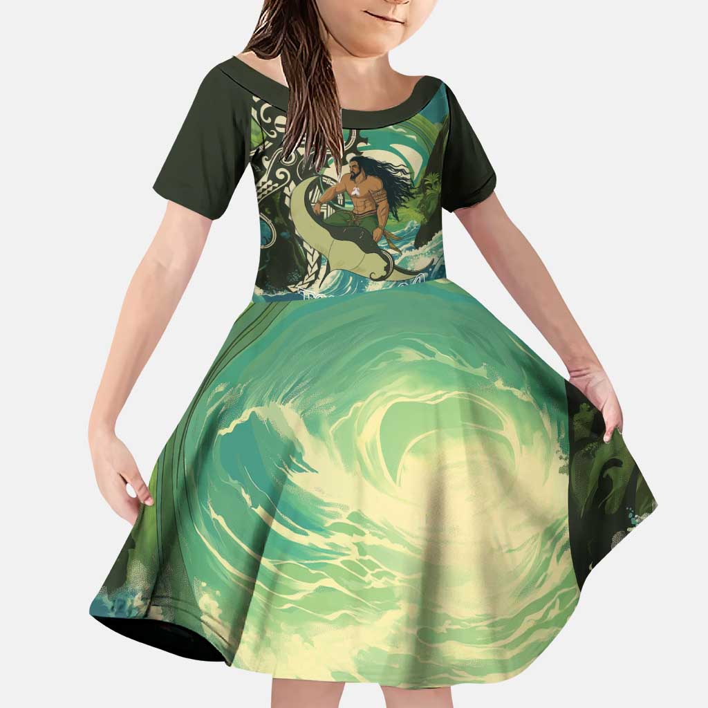 Aotearoa Tangaroa Atua Family Matching Puletasi and Hawaiian Shirt New Zealand God Of The Ocean LT14 Daughter's Dress Cyan - Polynesian Pride