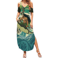 Aotearoa Tangaroa Atua Family Matching Summer Maxi Dress and Hawaiian Shirt New Zealand God Of The Ocean LT14 Mom's Dress Cyan - Polynesian Pride