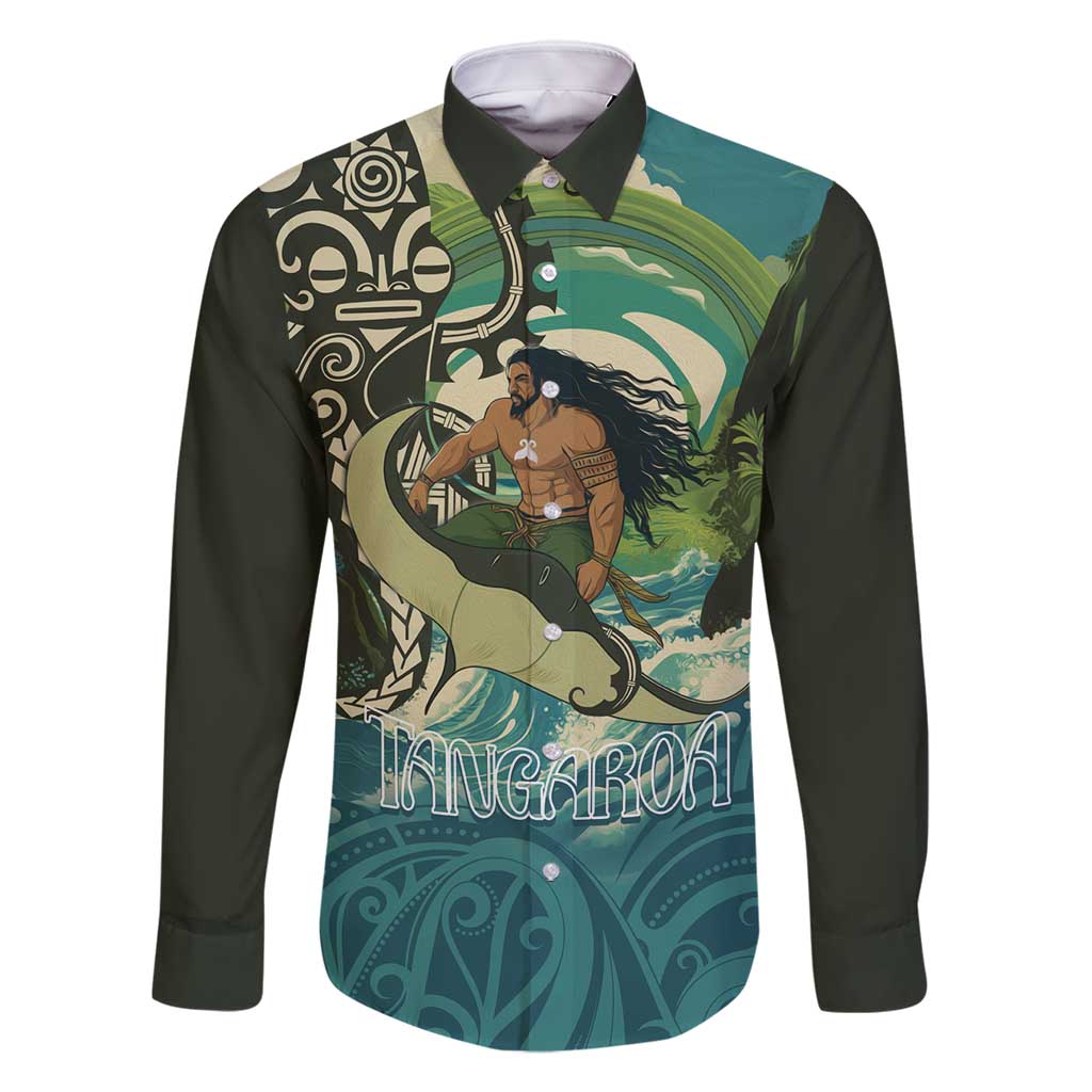 Aotearoa Tangaroa Atua Family Matching Tank Maxi Dress and Hawaiian Shirt New Zealand God Of The Ocean LT14 Dad's Shirt - Long Sleeve Cyan - Polynesian Pride