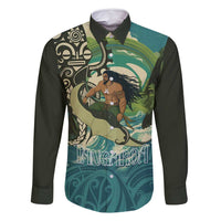 Aotearoa Tangaroa Atua Family Matching Tank Maxi Dress and Hawaiian Shirt New Zealand God Of The Ocean LT14 Dad's Shirt - Long Sleeve Cyan - Polynesian Pride