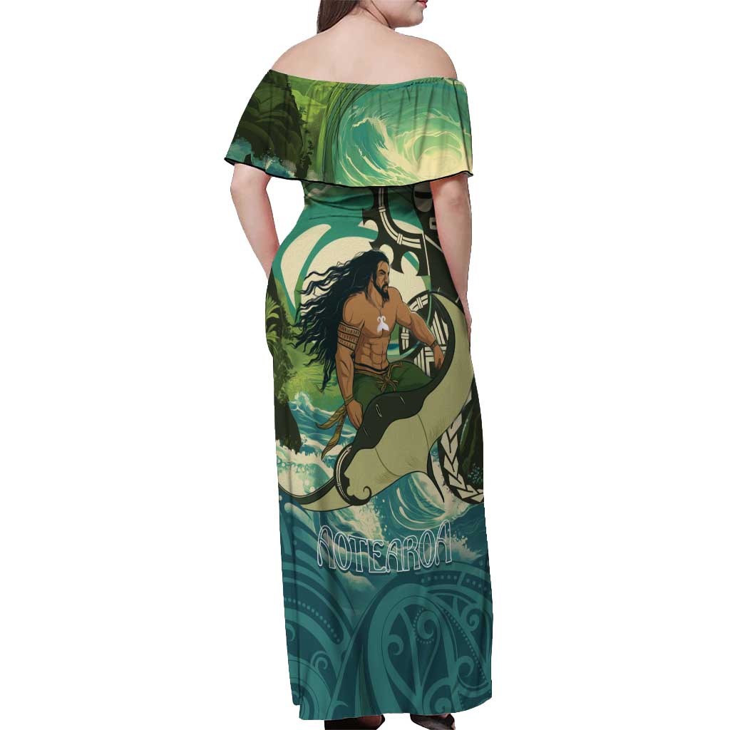 Aotearoa Tangaroa Atua Off Shoulder Maxi Dress New Zealand God Of The Ocean LT14 - Polynesian Pride