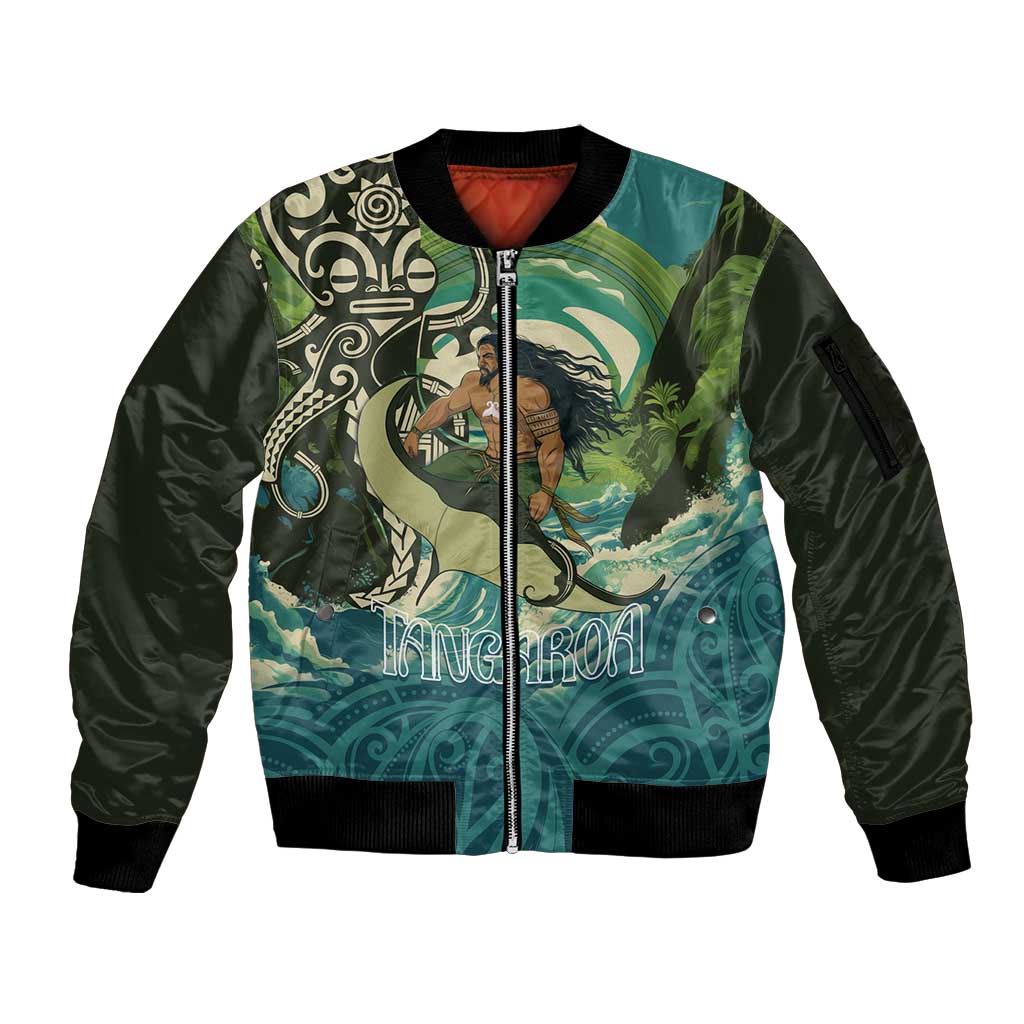 Aotearoa Tangaroa Atua Sleeve Zip Bomber Jacket New Zealand God Of The Ocean LT14 Unisex Cyan - Polynesian Pride