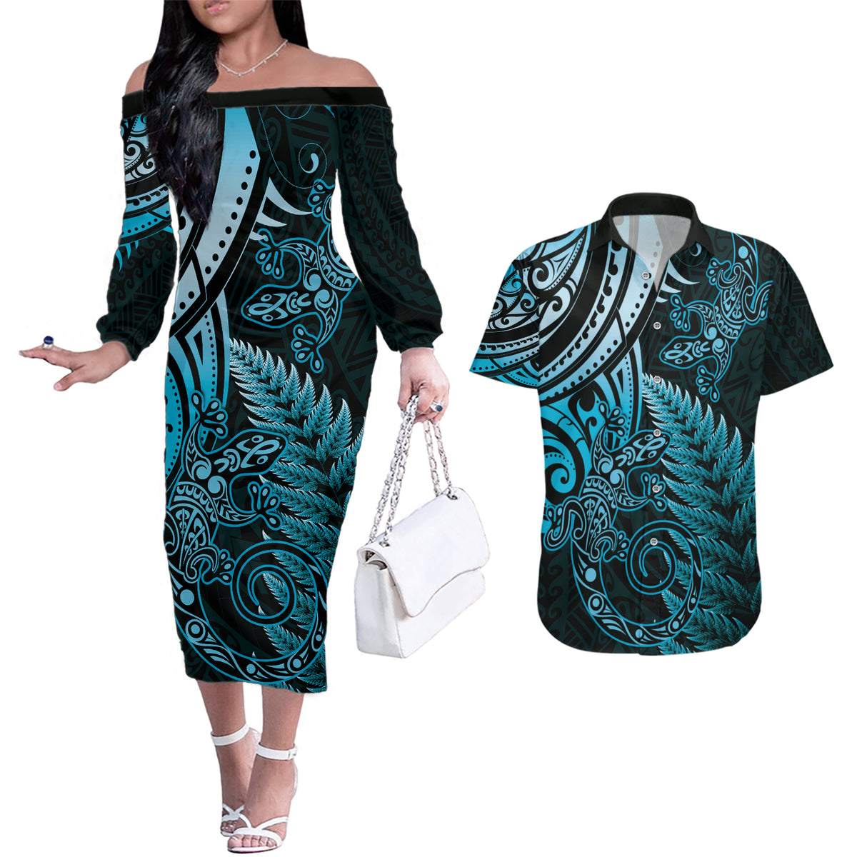 New Zealand Lizard Couples Matching Off The Shoulder Long Sleeve Dress and Hawaiian Shirt Silver Fern Aotearoa Maori Blue Version LT14 Blue - Polynesian Pride