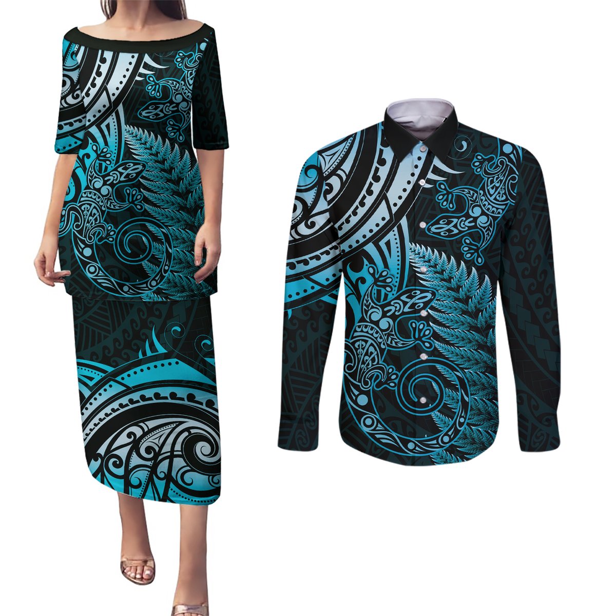 New Zealand Lizard Couples Matching Puletasi and Long Sleeve Button Shirt Silver Fern Aotearoa Maori Blue Version