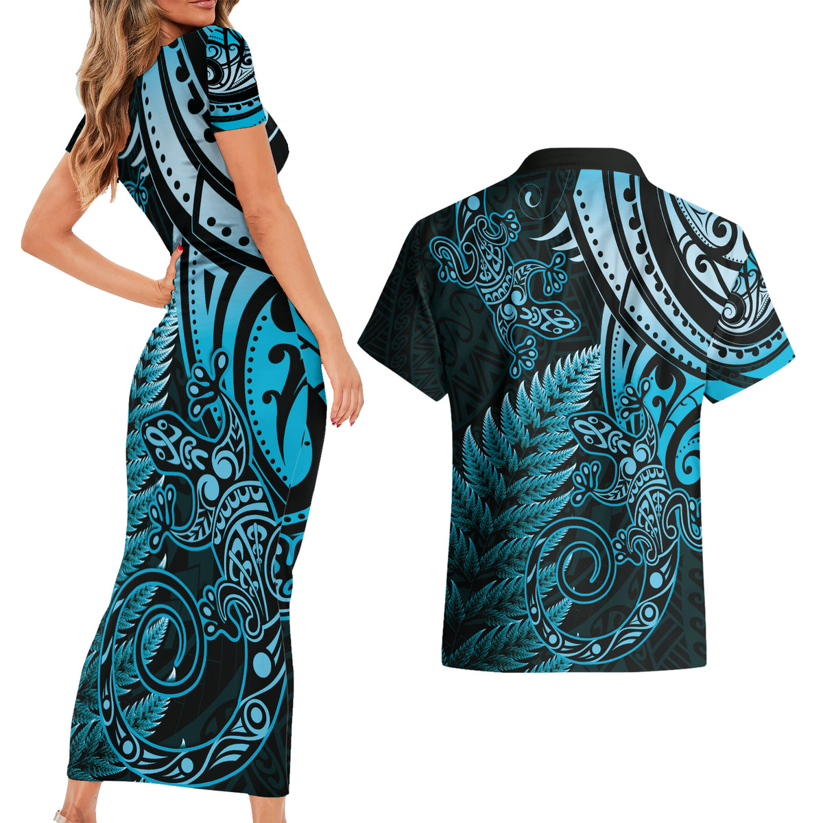 New Zealand Lizard Couples Matching Short Sleeve Bodycon Dress and Hawaiian Shirt Silver Fern Aotearoa Maori Blue Version LT14 - Polynesian Pride