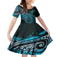 New Zealand Lizard Family Matching Long Sleeve Bodycon Dress and Hawaiian Shirt Silver Fern Aotearoa Maori Blue Version LT14 Daughter's Dress Blue - Polynesian Pride