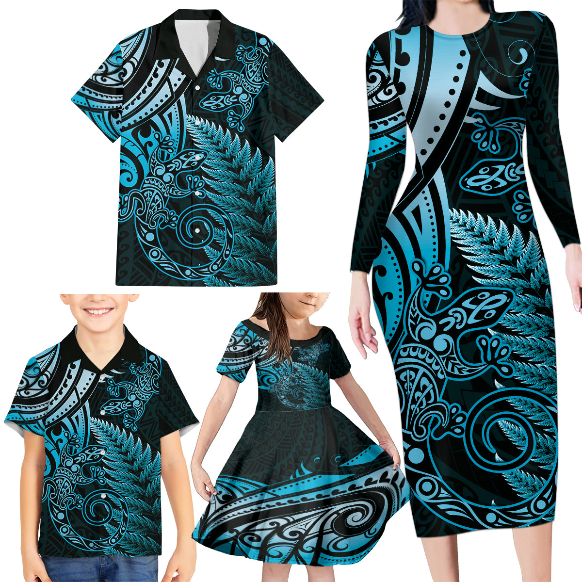 New Zealand Lizard Family Matching Long Sleeve Bodycon Dress and Hawaiian Shirt Silver Fern Aotearoa Maori Blue Version LT14 - Polynesian Pride
