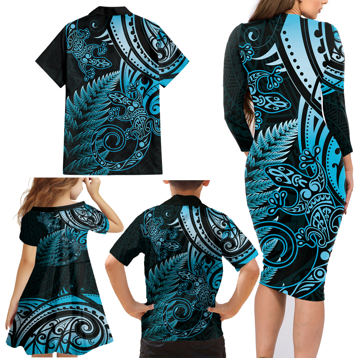 New Zealand Lizard Family Matching Long Sleeve Bodycon Dress and Hawaiian Shirt Silver Fern Aotearoa Maori Blue Version LT14 - Polynesian Pride
