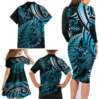New Zealand Lizard Family Matching Long Sleeve Bodycon Dress and Hawaiian Shirt Silver Fern Aotearoa Maori Blue Version LT14 - Polynesian Pride