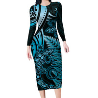 New Zealand Lizard Family Matching Long Sleeve Bodycon Dress and Hawaiian Shirt Silver Fern Aotearoa Maori Blue Version LT14 Mom's Dress Blue - Polynesian Pride