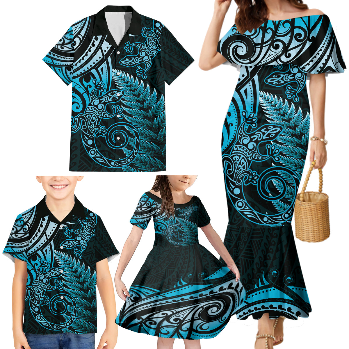 New Zealand Lizard Family Matching Mermaid Dress and Hawaiian Shirt Silver Fern Aotearoa Maori Blue Version LT14 - Polynesian Pride