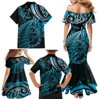 New Zealand Lizard Family Matching Mermaid Dress and Hawaiian Shirt Silver Fern Aotearoa Maori Blue Version LT14 - Polynesian Pride