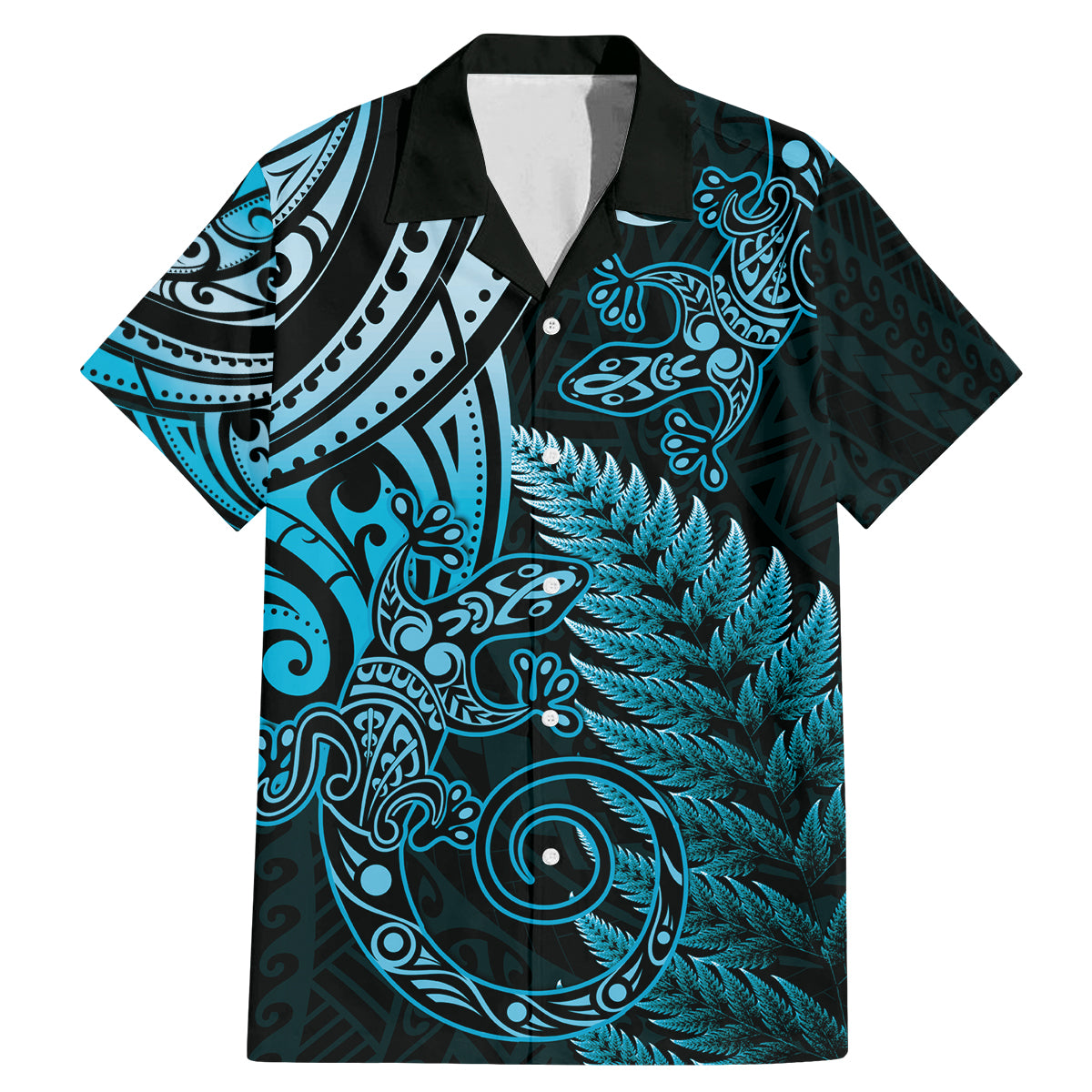 New Zealand Lizard Family Matching Mermaid Dress and Hawaiian Shirt Silver Fern Aotearoa Maori Blue Version LT14 Dad's Shirt - Short Sleeve Blue - Polynesian Pride