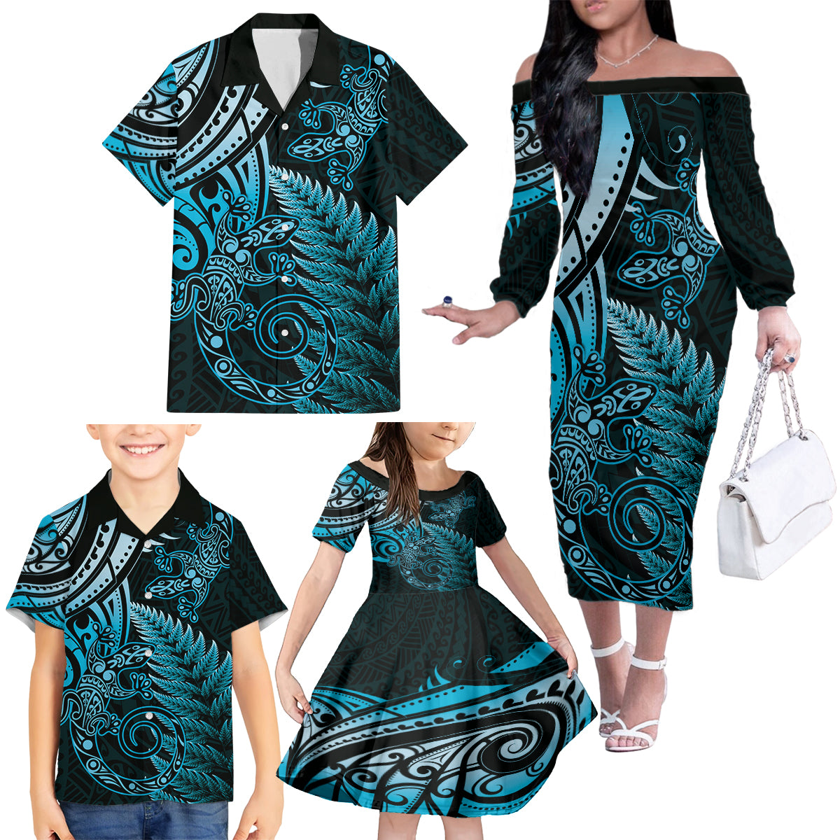 New Zealand Lizard Family Matching Off The Shoulder Long Sleeve Dress and Hawaiian Shirt Silver Fern Aotearoa Maori Blue Version LT14 - Polynesian Pride