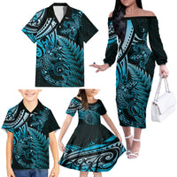 New Zealand Lizard Family Matching Off The Shoulder Long Sleeve Dress and Hawaiian Shirt Silver Fern Aotearoa Maori Blue Version LT14 - Polynesian Pride