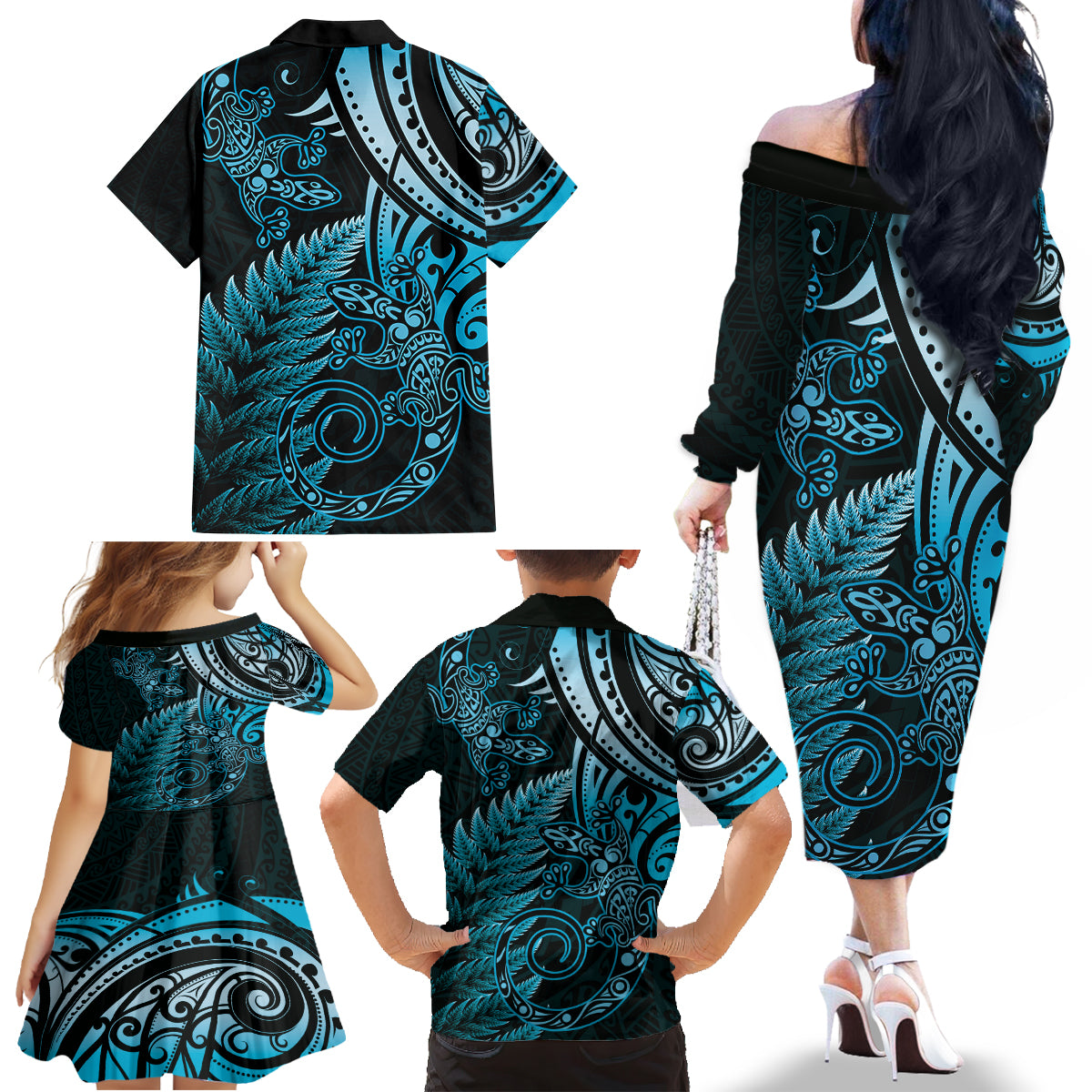 New Zealand Lizard Family Matching Off The Shoulder Long Sleeve Dress and Hawaiian Shirt Silver Fern Aotearoa Maori Blue Version LT14 - Polynesian Pride