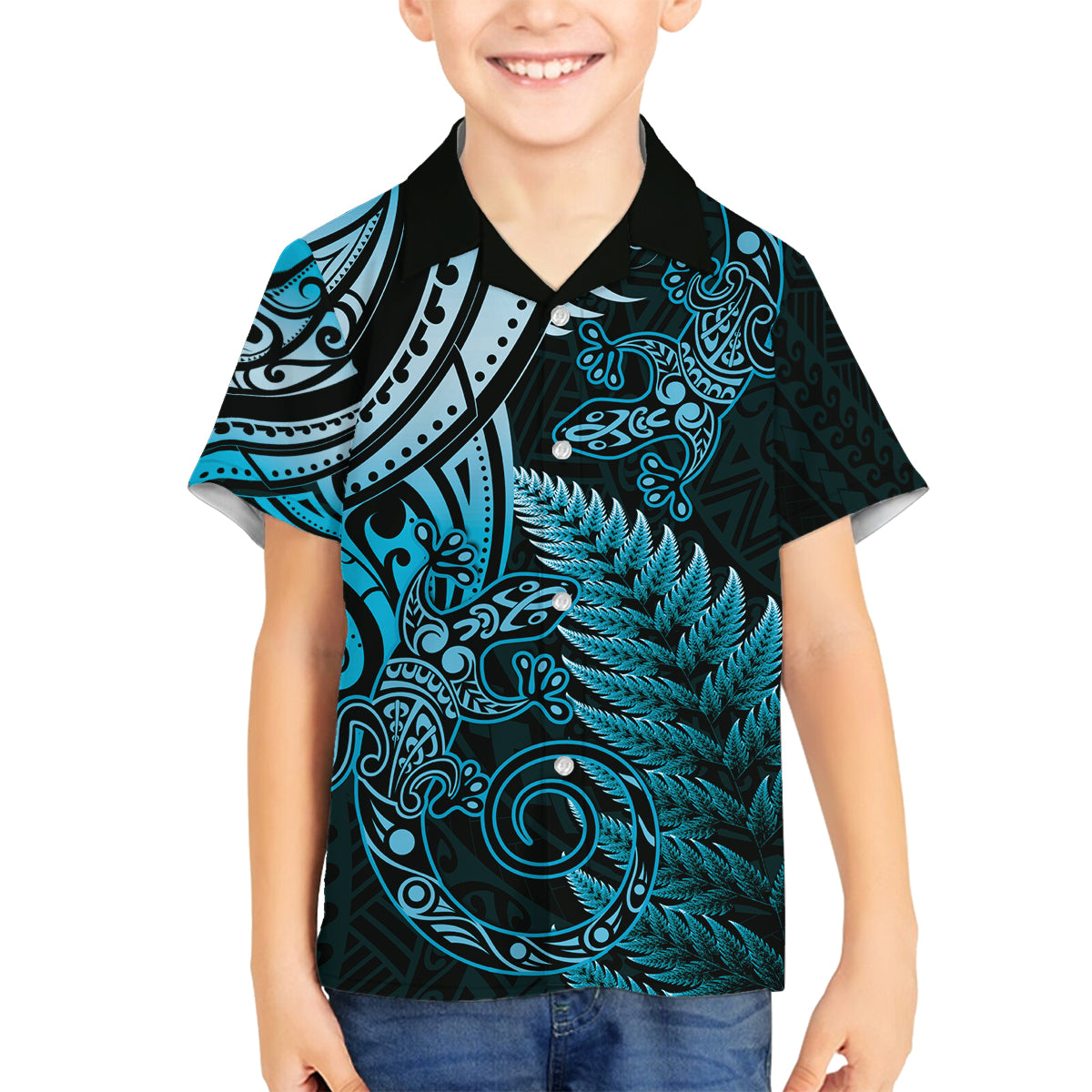 New Zealand Lizard Family Matching Off The Shoulder Long Sleeve Dress and Hawaiian Shirt Silver Fern Aotearoa Maori Blue Version LT14 Son's Shirt Blue - Polynesian Pride