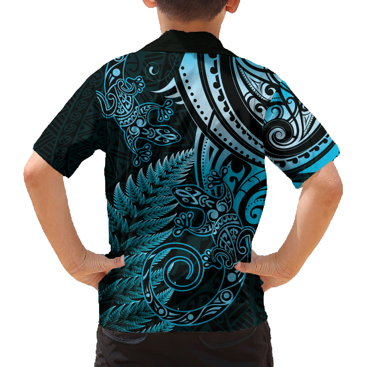 New Zealand Lizard Family Matching Off Shoulder Maxi Dress and Hawaiian Shirt Silver Fern Aotearoa Maori Blue Version LT14 - Polynesian Pride