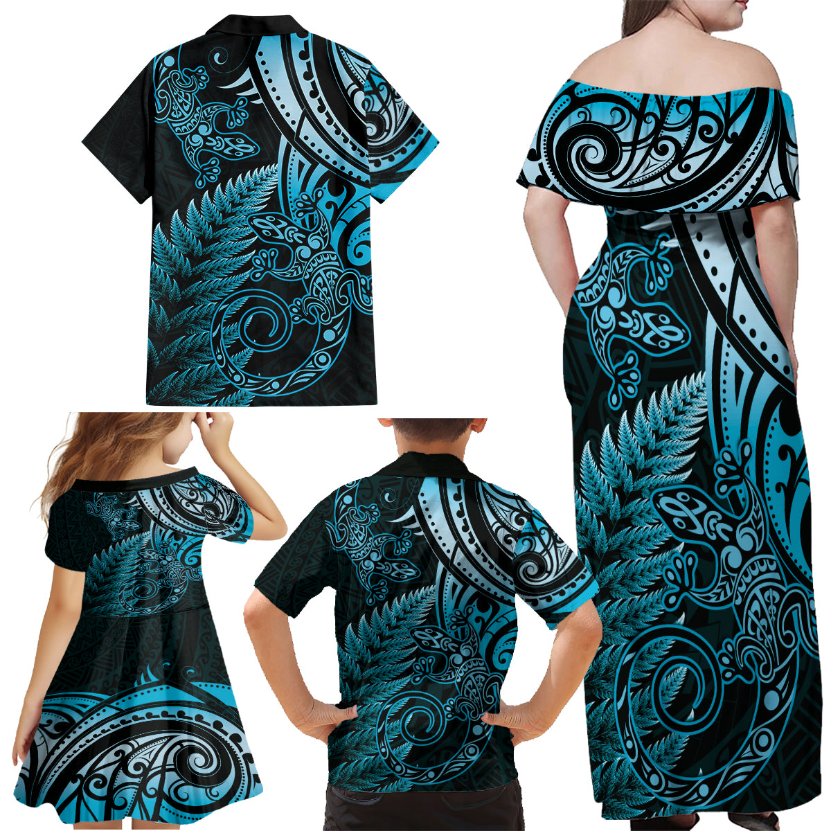 New Zealand Lizard Family Matching Off Shoulder Maxi Dress and Hawaiian Shirt Silver Fern Aotearoa Maori Blue Version LT14 - Polynesian Pride