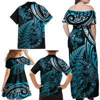 New Zealand Lizard Family Matching Off Shoulder Maxi Dress and Hawaiian Shirt Silver Fern Aotearoa Maori Blue Version LT14 - Polynesian Pride