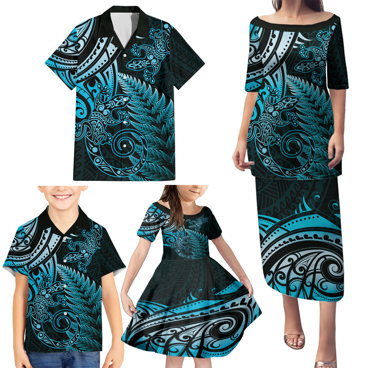 New Zealand Lizard Family Matching Puletasi and Hawaiian Shirt Silver Fern Aotearoa Maori Blue Version LT14 - Polynesian Pride