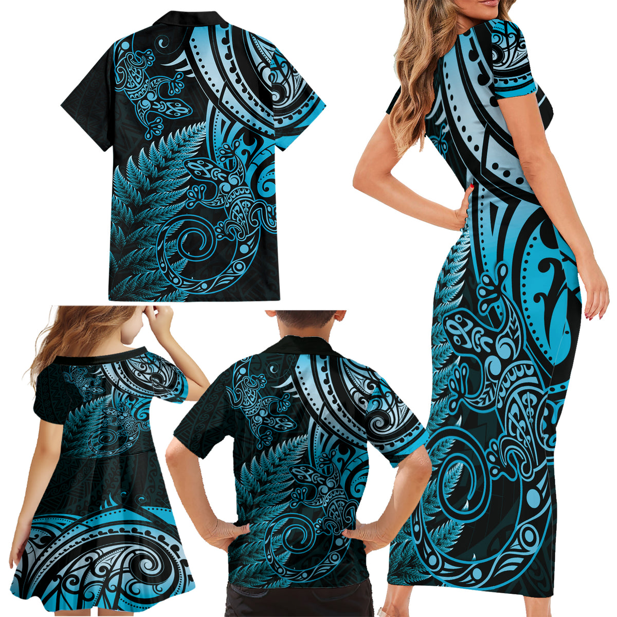 New Zealand Lizard Family Matching Short Sleeve Bodycon Dress and Hawaiian Shirt Silver Fern Aotearoa Maori Blue Version LT14 - Polynesian Pride