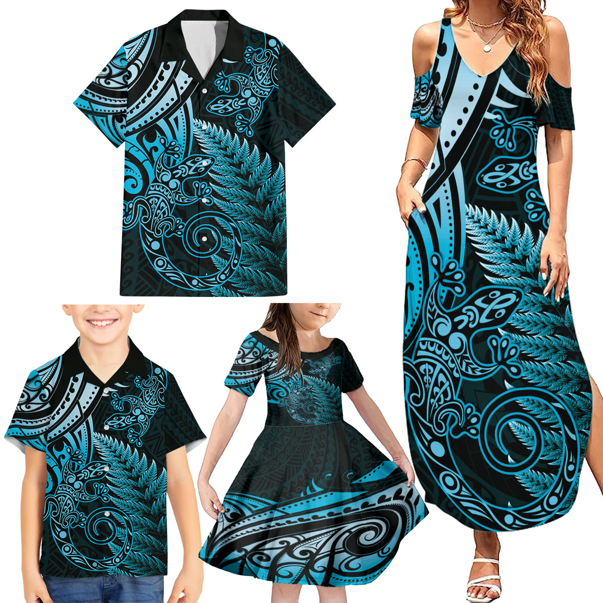 New Zealand Lizard Family Matching Summer Maxi Dress and Hawaiian Shirt Silver Fern Aotearoa Maori Blue Version LT14 - Polynesian Pride