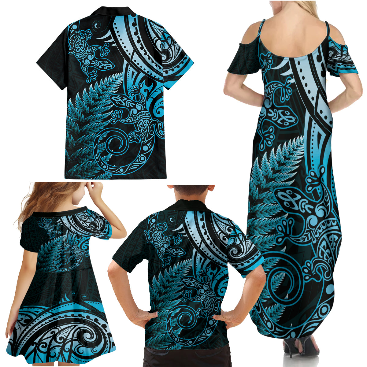 New Zealand Lizard Family Matching Summer Maxi Dress and Hawaiian Shirt Silver Fern Aotearoa Maori Blue Version LT14 - Polynesian Pride
