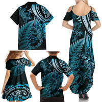 New Zealand Lizard Family Matching Summer Maxi Dress and Hawaiian Shirt Silver Fern Aotearoa Maori Blue Version LT14 - Polynesian Pride