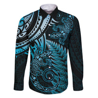 New Zealand Lizard Family Matching Summer Maxi Dress and Hawaiian Shirt Silver Fern Aotearoa Maori Blue Version LT14 Dad's Shirt - Long Sleeve Blue - Polynesian Pride