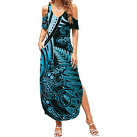 New Zealand Lizard Family Matching Summer Maxi Dress and Hawaiian Shirt Silver Fern Aotearoa Maori Blue Version LT14 Mom's Dress Blue - Polynesian Pride
