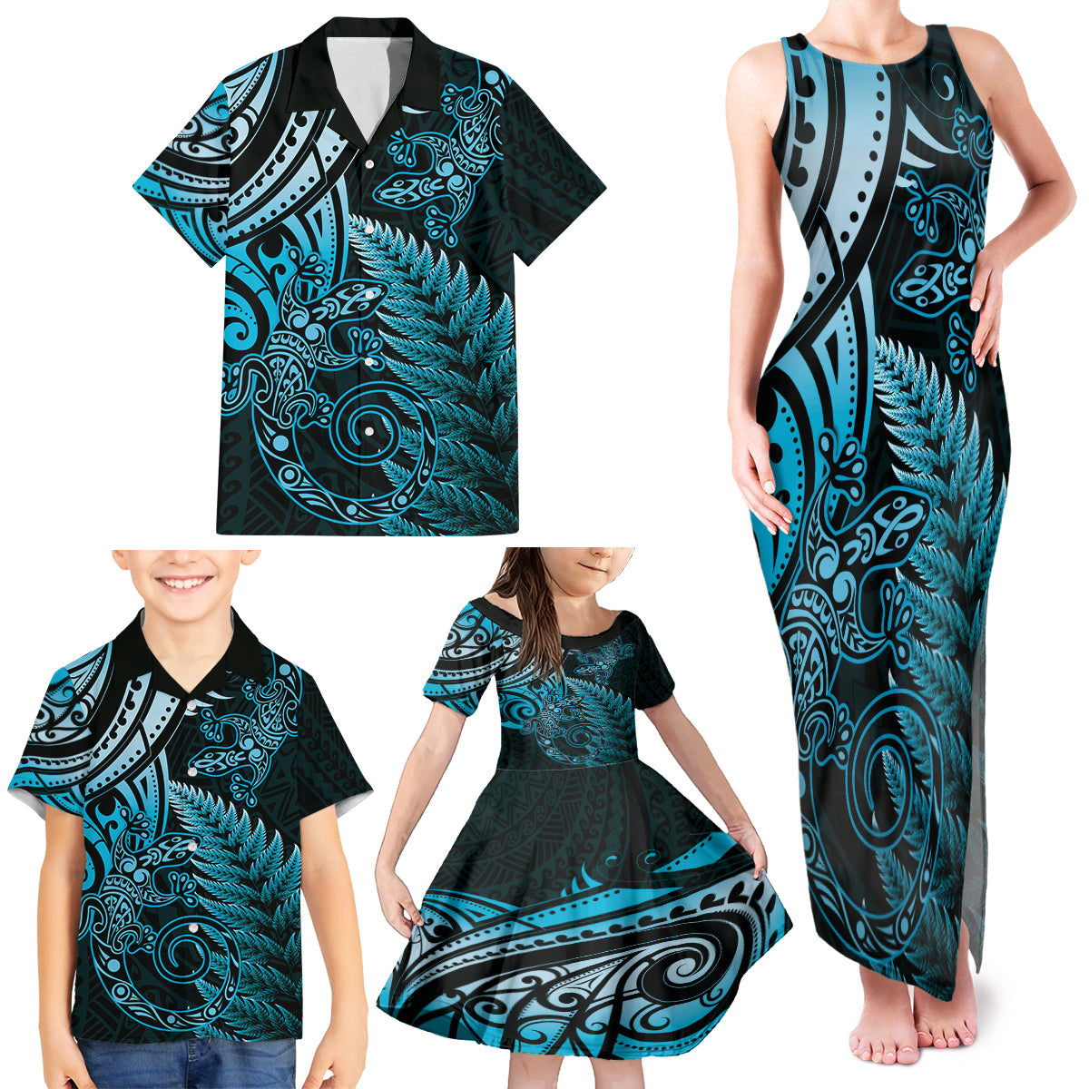 New Zealand Lizard Family Matching Tank Maxi Dress and Hawaiian Shirt Silver Fern Aotearoa Maori Blue Version LT14 - Polynesian Pride
