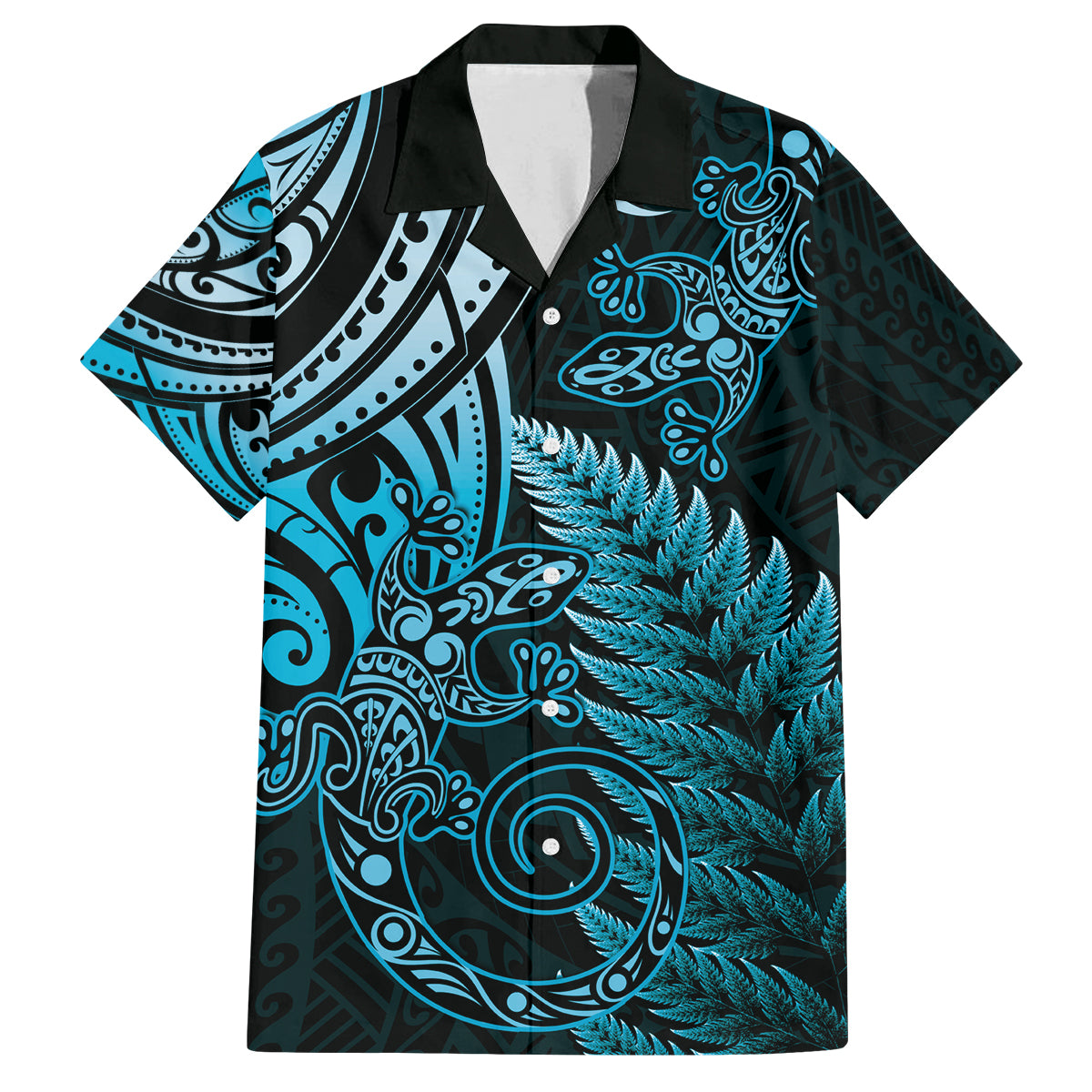New Zealand Lizard Family Matching Tank Maxi Dress and Hawaiian Shirt Silver Fern Aotearoa Maori Blue Version LT14 Dad's Shirt - Short Sleeve Blue - Polynesian Pride