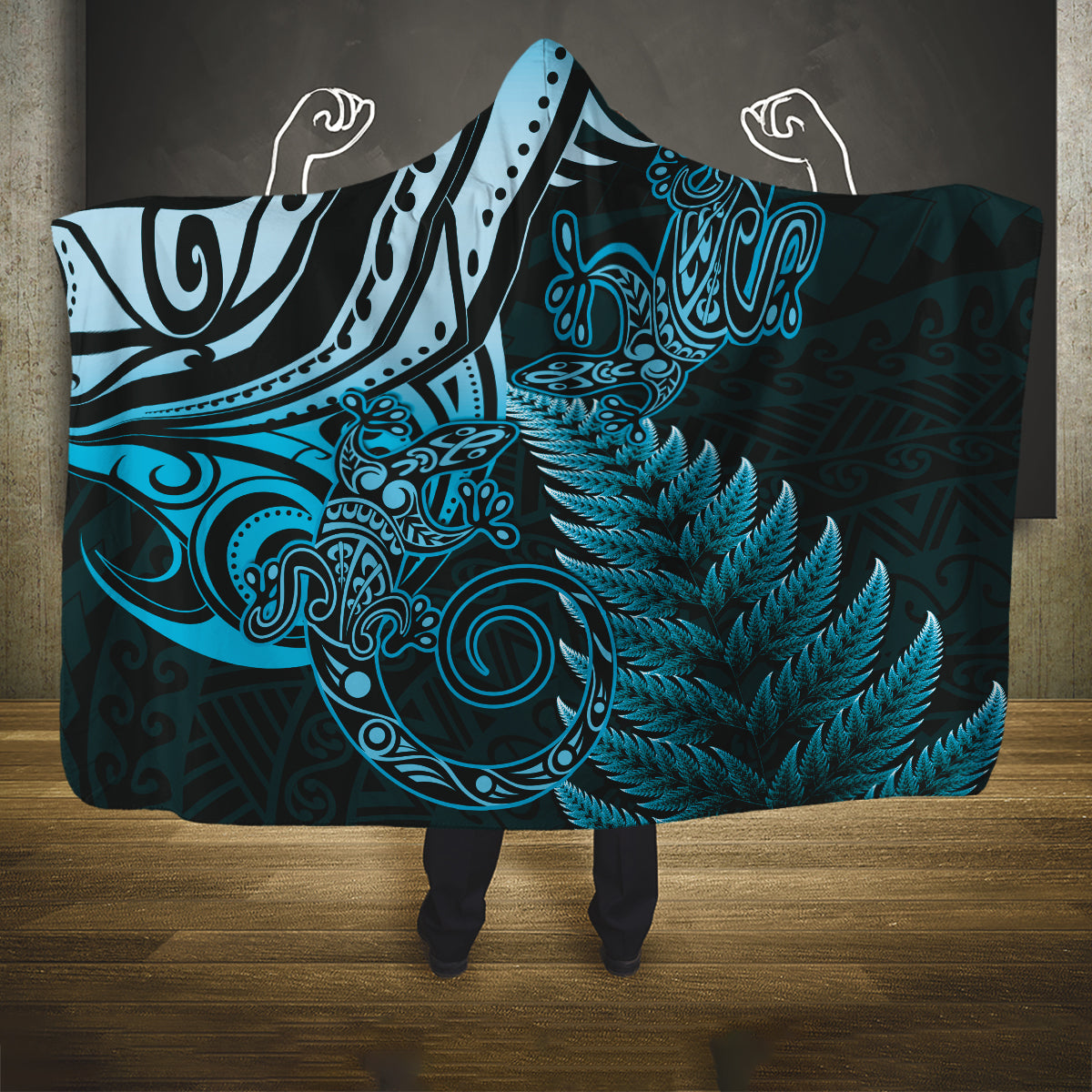 New Zealand Lizard Hooded Blanket Silver Fern Aotearoa Maori Blue Version LT14 One Size Blue - Polynesian Pride