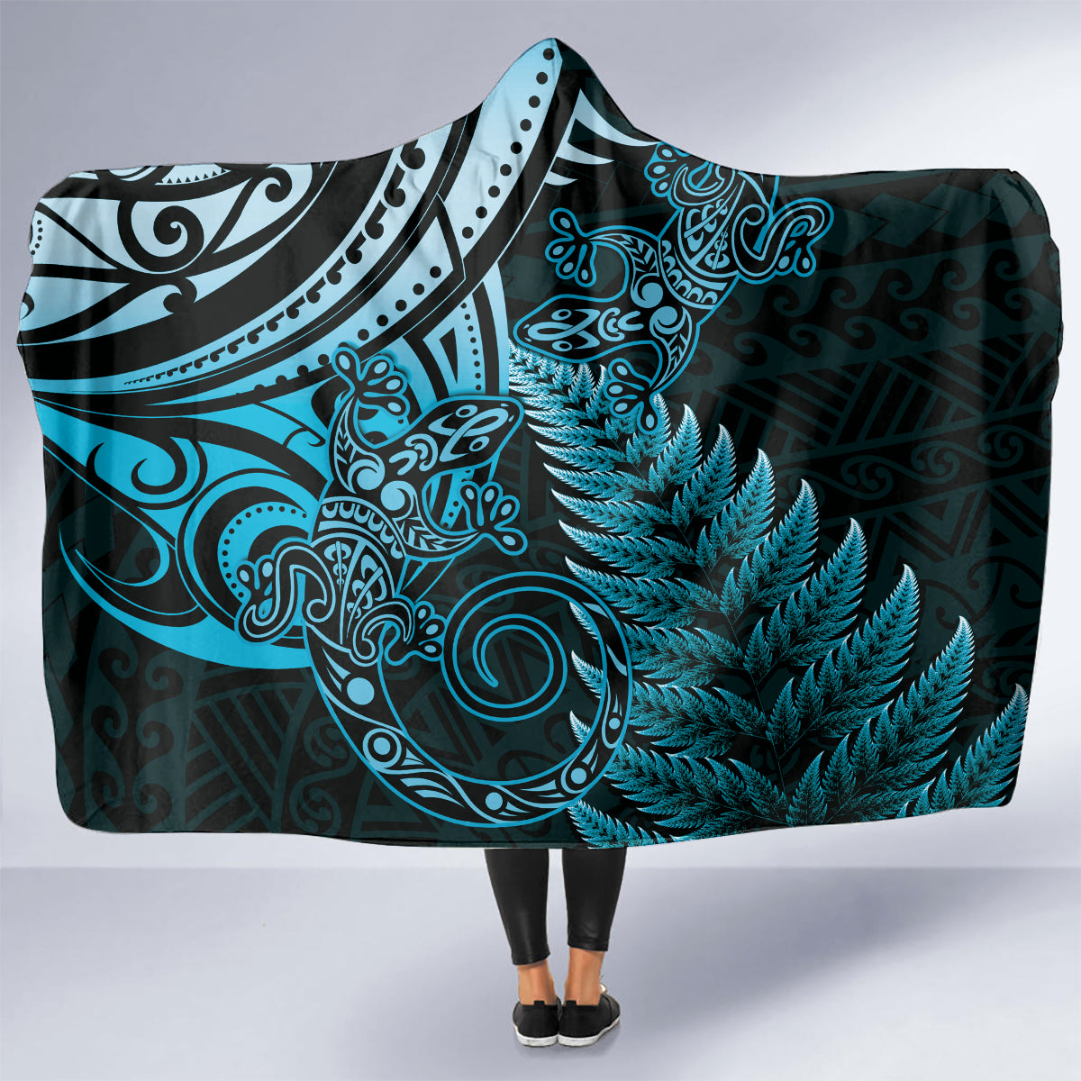 New Zealand Lizard Hooded Blanket Silver Fern Aotearoa Maori Blue Version LT14 - Polynesian Pride