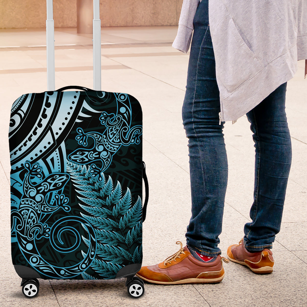 New Zealand Lizard Luggage Cover Silver Fern Aotearoa Maori Blue Version
