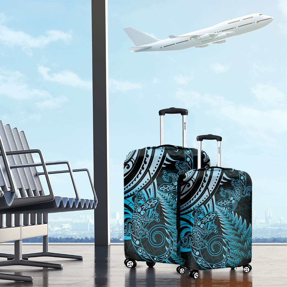 New Zealand Lizard Luggage Cover Silver Fern Aotearoa Maori Blue Version