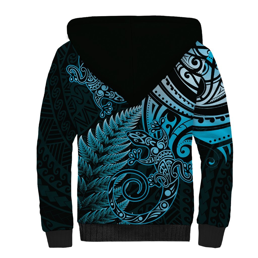 New Zealand Lizard Sherpa Hoodie Silver Fern Aotearoa Maori Blue Version LT14 - Polynesian Pride
