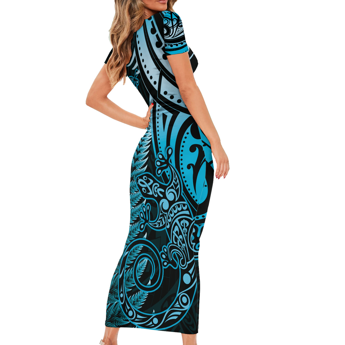 New Zealand Lizard Short Sleeve Bodycon Dress Silver Fern Aotearoa Maori Blue Version