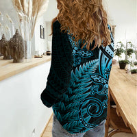 New Zealand Lizard Women Casual Shirt Silver Fern Aotearoa Maori Blue Version