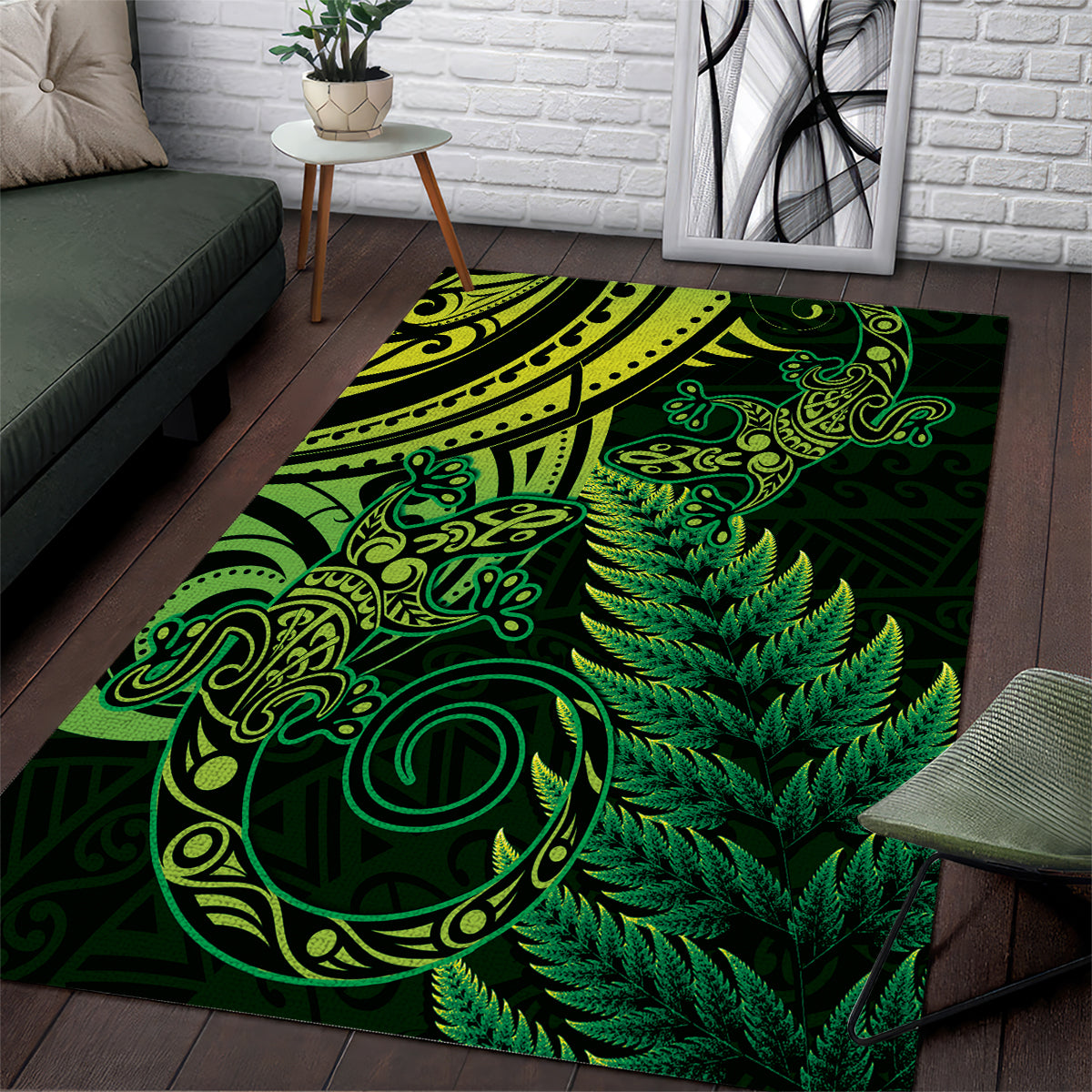 New Zealand Lizard Area Rug Silver Fern Aotearoa Maori Green Version LT14 Green - Polynesian Pride