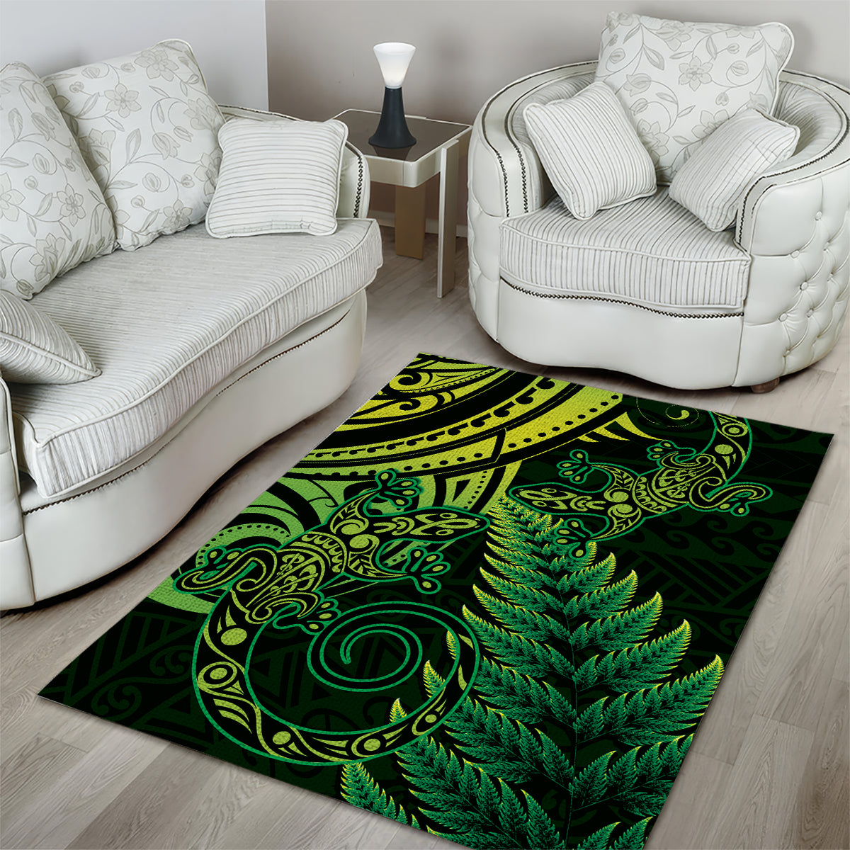 New Zealand Lizard Area Rug Silver Fern Aotearoa Maori Green Version LT14 - Polynesian Pride