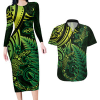 New Zealand Lizard Couples Matching Long Sleeve Bodycon Dress and Hawaiian Shirt Silver Fern Aotearoa Maori Green Version LT14 Green - Polynesian Pride