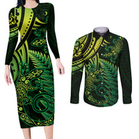 New Zealand Lizard Couples Matching Long Sleeve Bodycon Dress and Long Sleeve Button Shirt Silver Fern Aotearoa Maori Green Version LT14 Green - Polynesian Pride