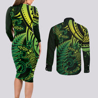 New Zealand Lizard Couples Matching Long Sleeve Bodycon Dress and Long Sleeve Button Shirt Silver Fern Aotearoa Maori Green Version LT14 - Polynesian Pride