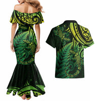 New Zealand Lizard Couples Matching Mermaid Dress and Hawaiian Shirt Silver Fern Aotearoa Maori Green Version LT14 - Polynesian Pride