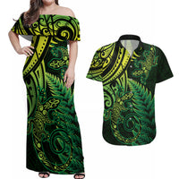 New Zealand Lizard Couples Matching Off Shoulder Maxi Dress and Hawaiian Shirt Silver Fern Aotearoa Maori Green Version LT14 Green - Polynesian Pride
