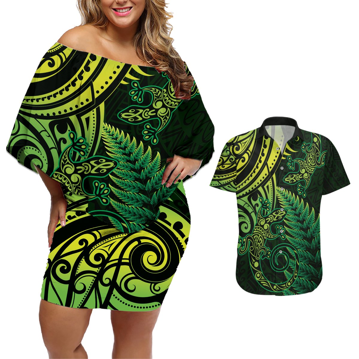 New Zealand Lizard Couples Matching Off Shoulder Short Dress and Hawaiian Shirt Silver Fern Aotearoa Maori Green Version LT14 Green - Polynesian Pride